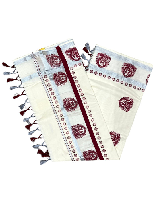Southloom Kerala Pure Cotton Silver Kasavu Saree with Maroon Mural Printed Design and Printed Border