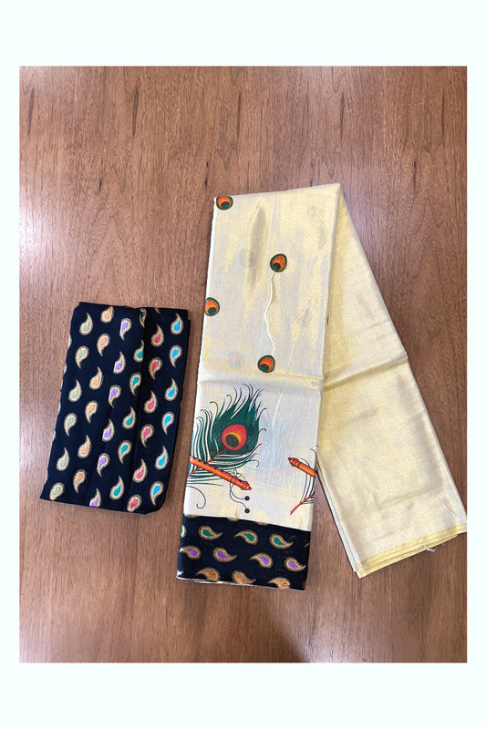 Kerala Tissue Block Printed Pavada and Black Designer Blouse Material for Kids/Girls 4.3 Meters
