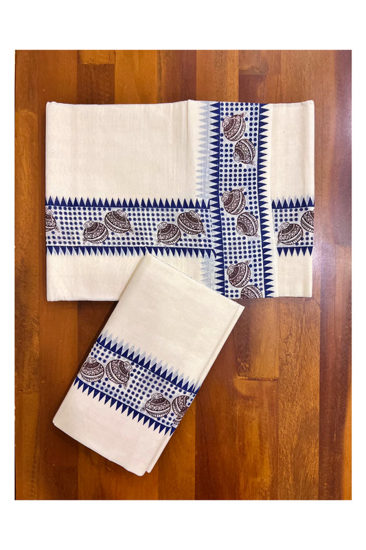 Kerala Pure Cotton Single Set Mundu (Mundum Neriyathum) with Brown Block Prints on Blue Temple Border