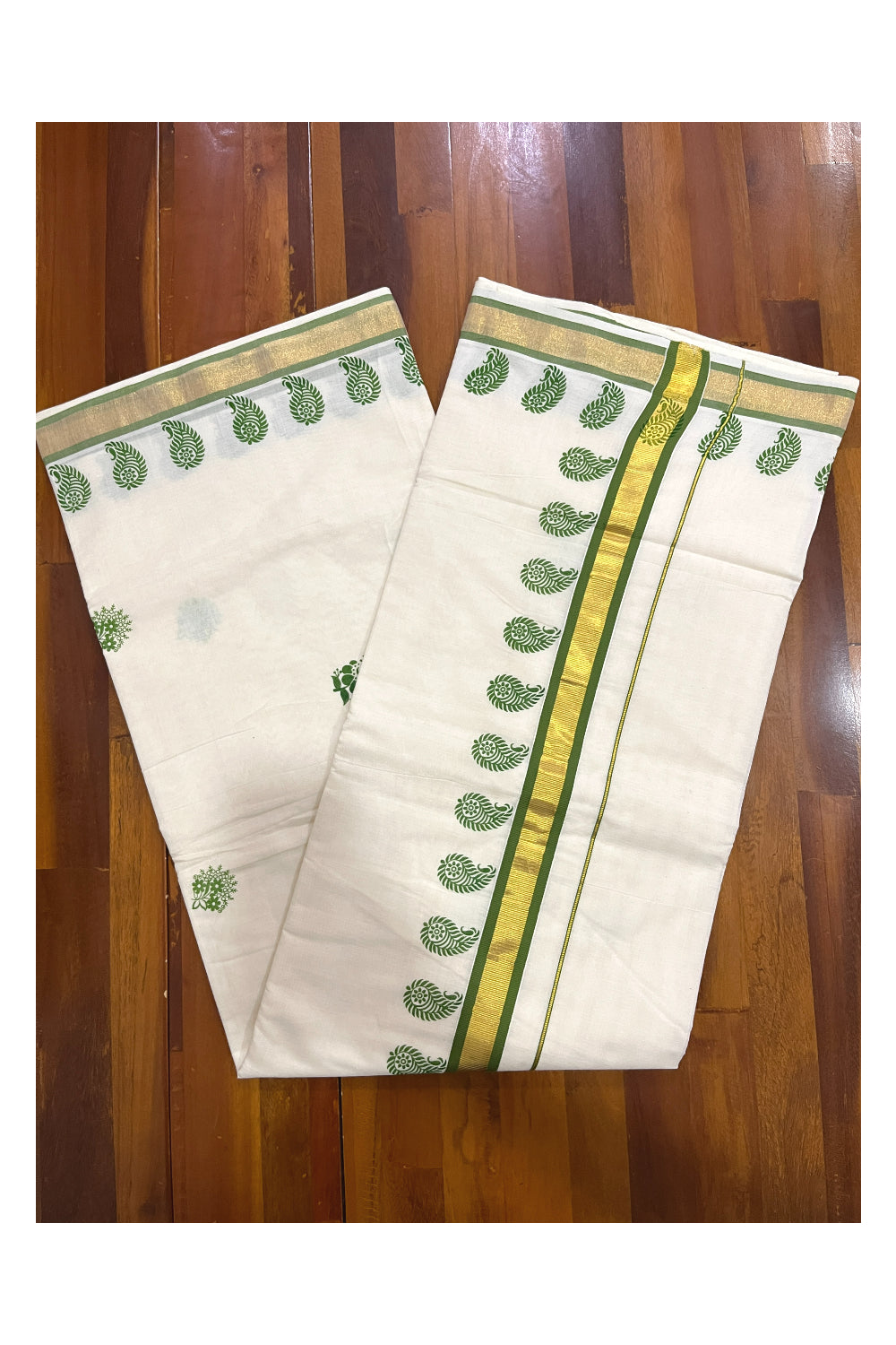 Pure Cotton Kerala Kasavu Saree with Green Floral Block Printed Design