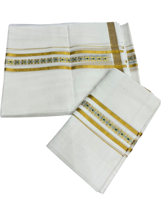 Southloom Premium Cotton Handloom Set Mundu With Peacock Green Woven Dots Design And Golde Kasavu Border (2.80 Mtr) SL632