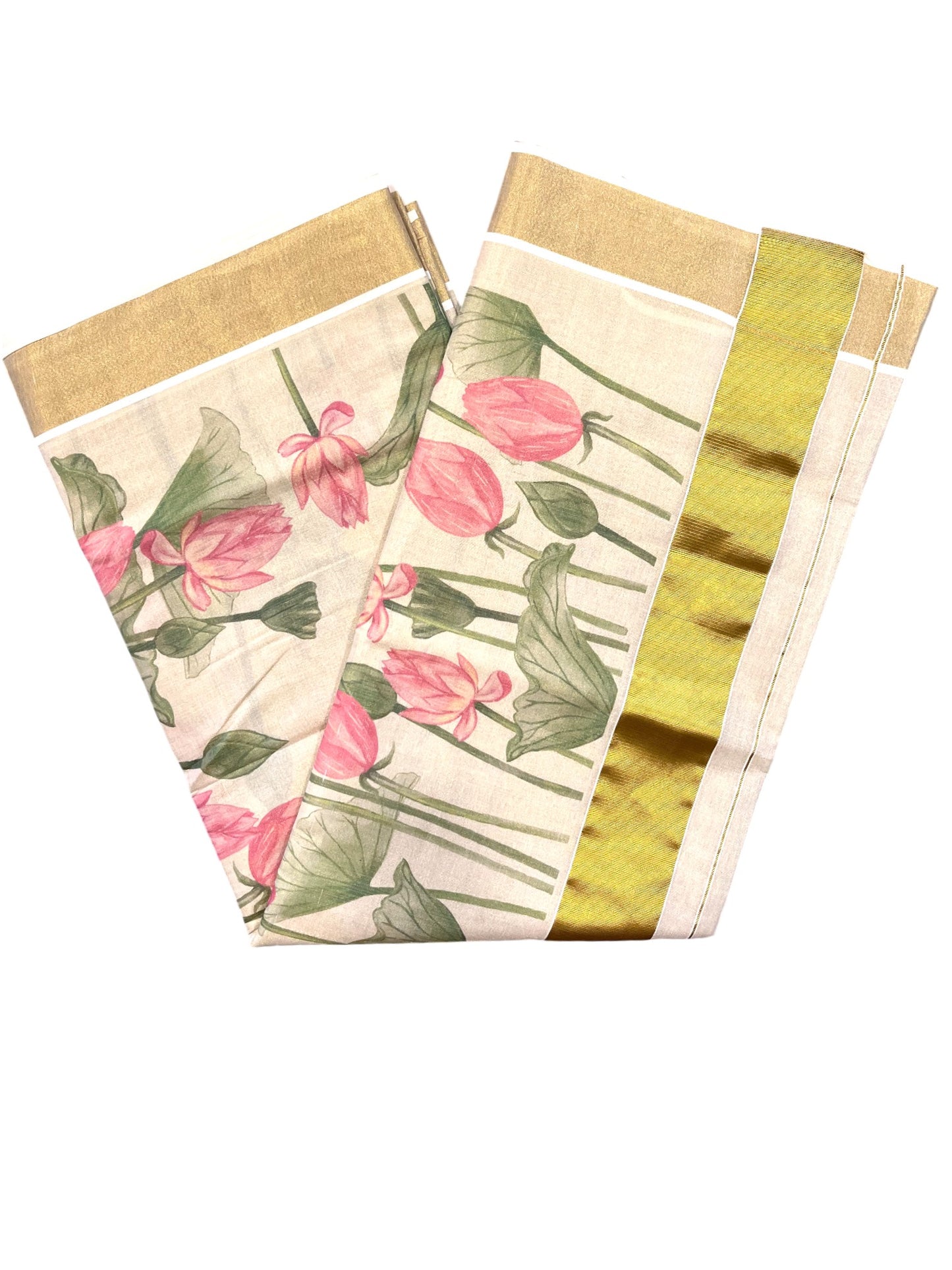 Southloom Kerala Tissue Kasavu Saree with Lotus Digital Prints on Border