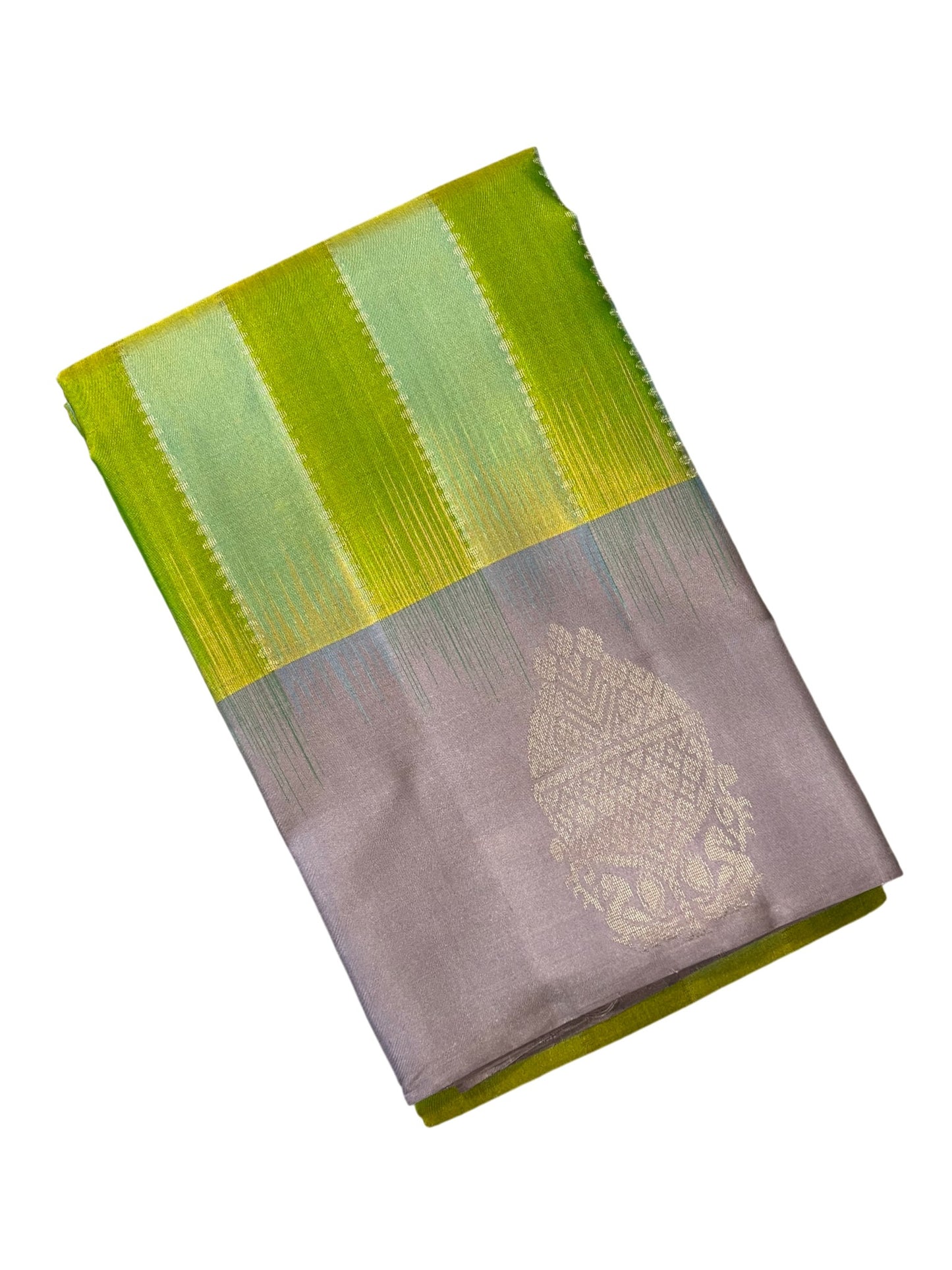 Southloom Pure Handloom Bridal Kanchipuram Silk Saree with Korvai Work (Green & Grey)