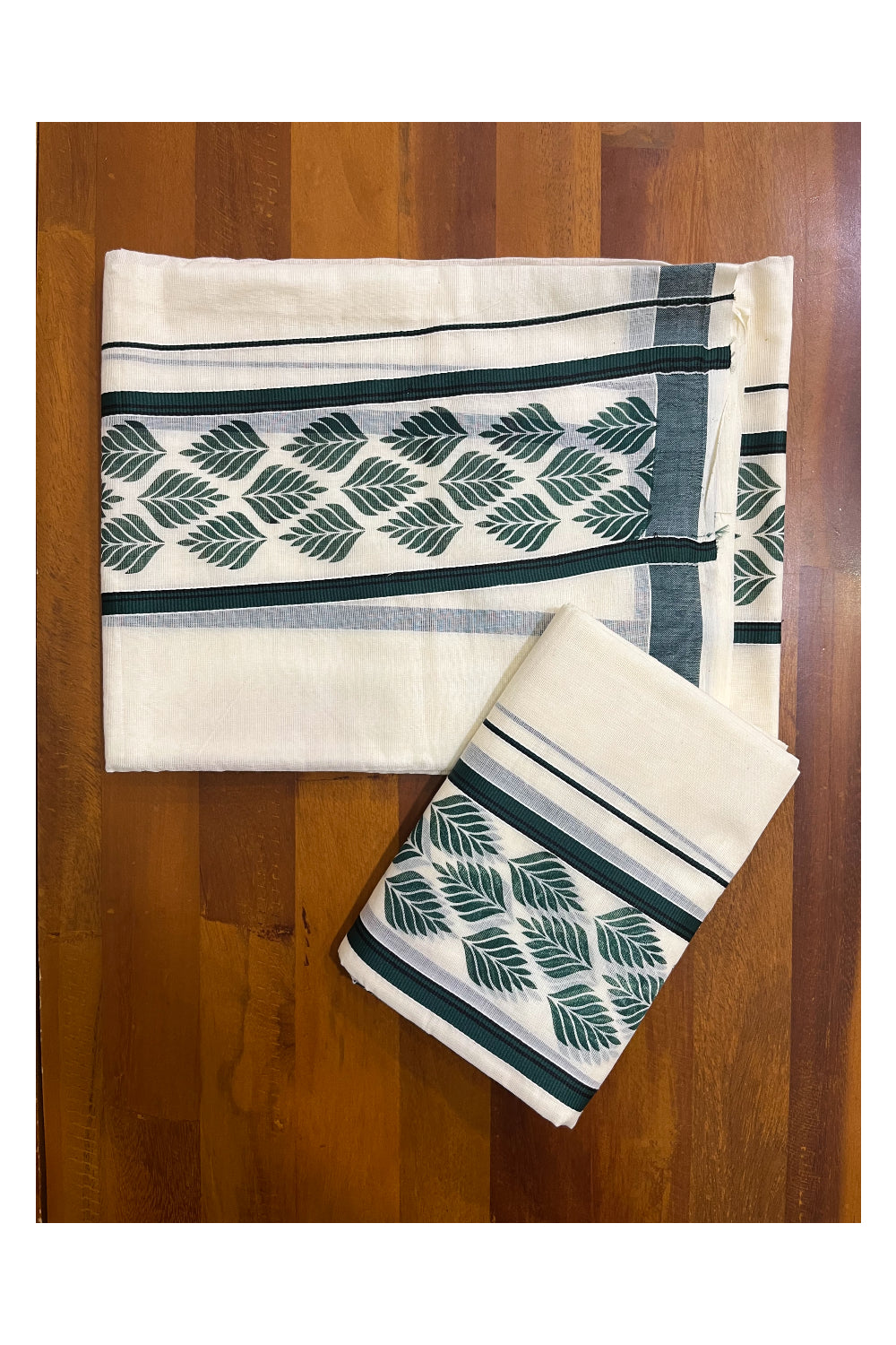 Kerala Cotton Single Set Mundu (Mundum Neriyathum) with Leaf Block Prints on Dark Green and Black Border