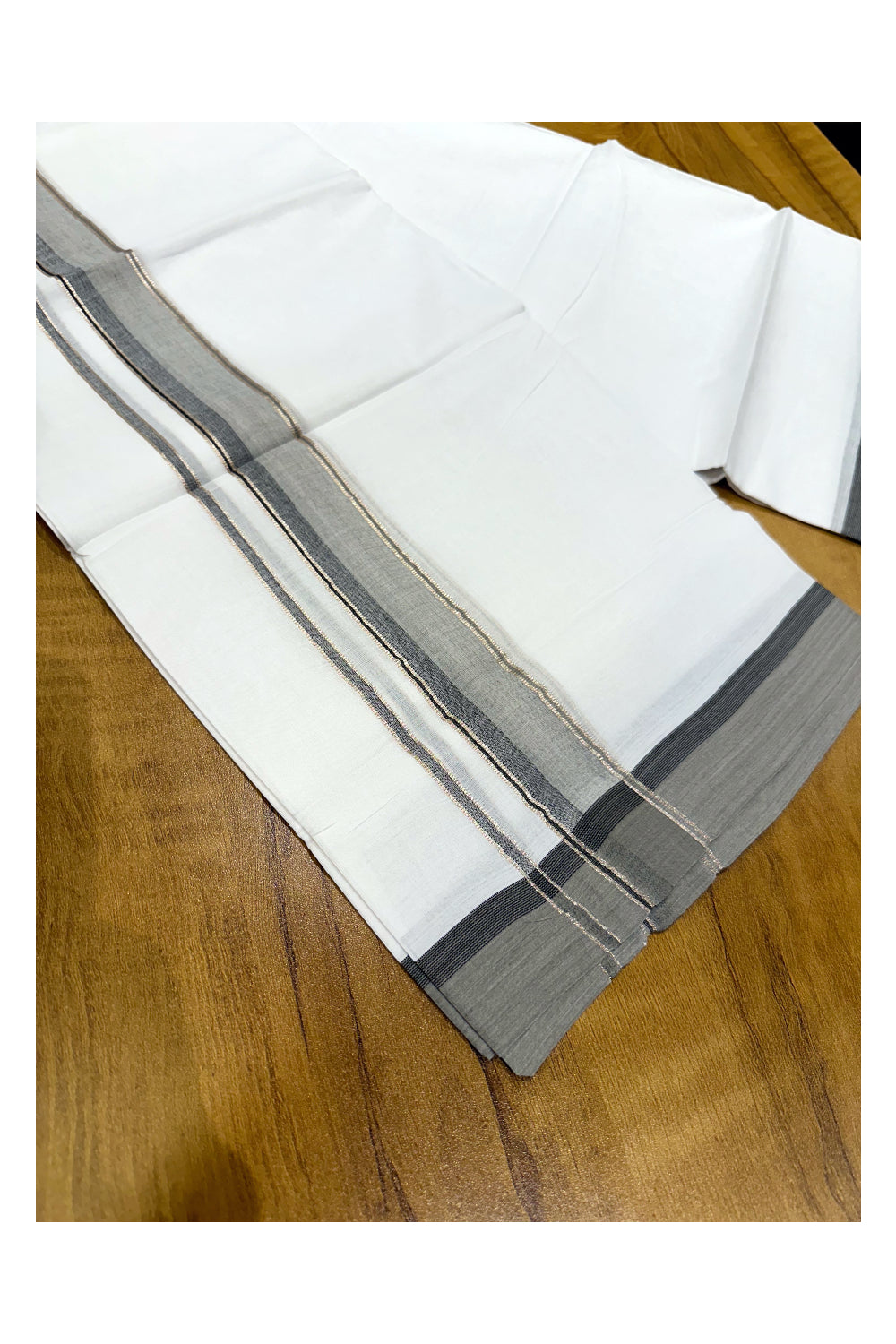 Pure White Cotton Double Mundu with Black Grey and Silver Kasavu Border (South Indian Kerala Dhoti)