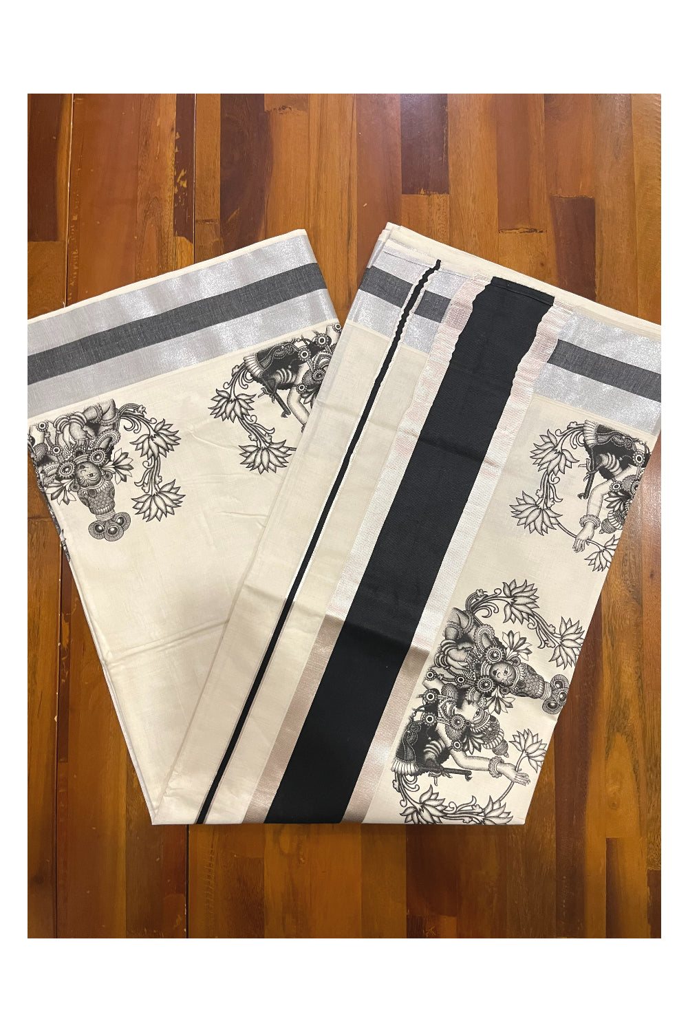 Pure Cotton Kerala Silver Kasavu Saree with Krishna Radha Mural Prints and Black Border (Onam Saree 2023)