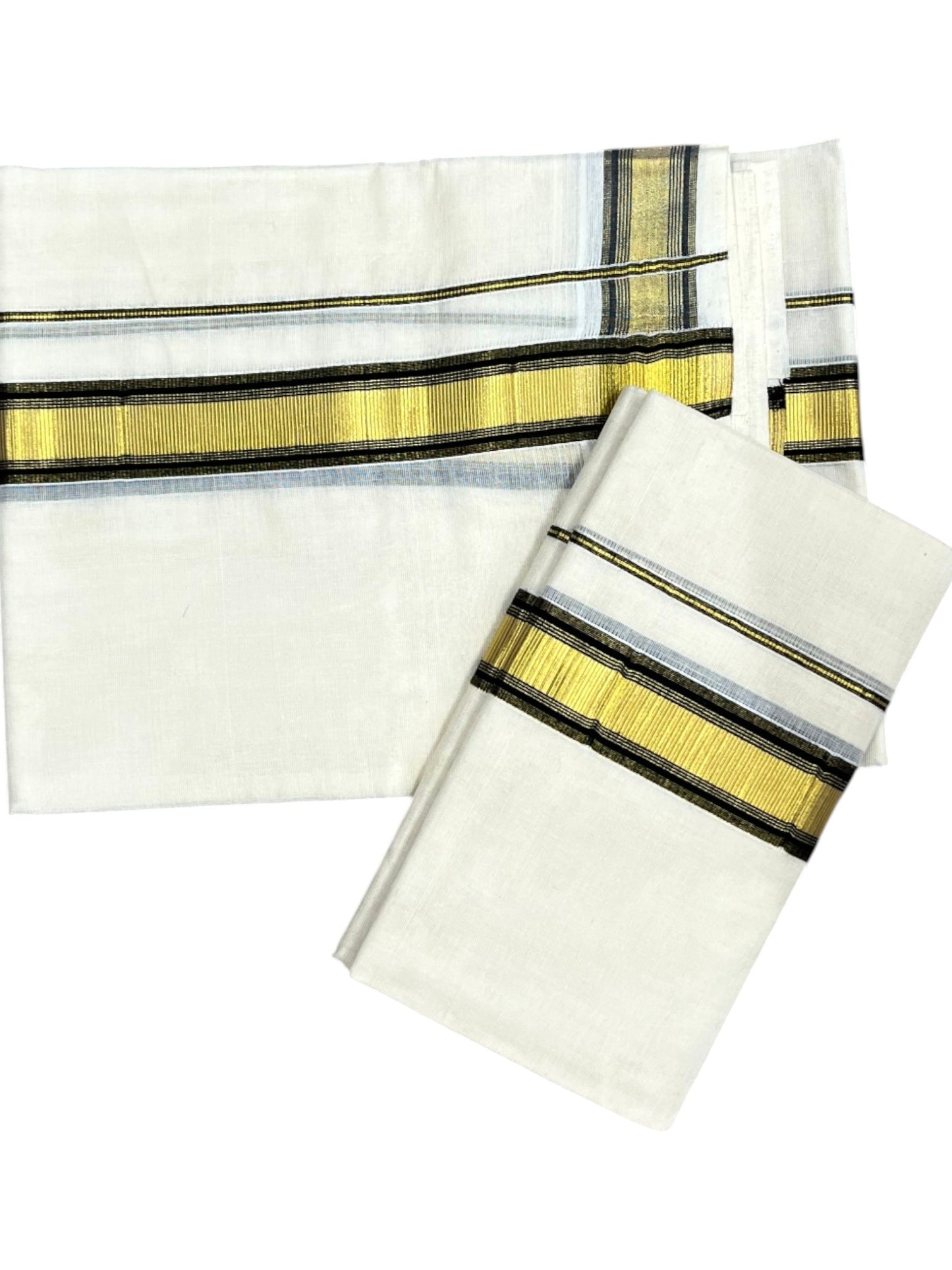 Kerala Cotton Set Mundu (Mundum Neriyathum) with Kasavu and Black Border 2.80 Mtrs SLKK SL470