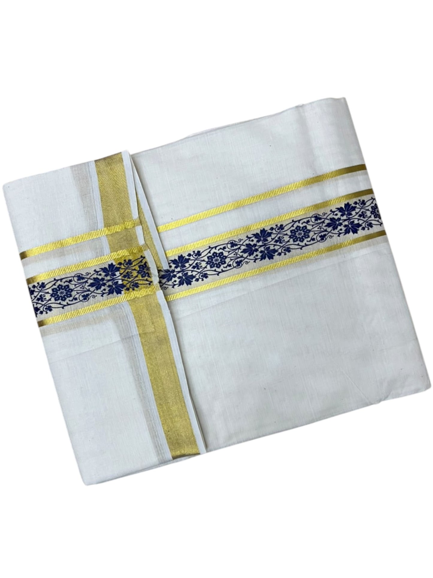 Southloom Pure Cotton Double Mundu with Blue Block Printed And Ksavu Border (South Indian Kerala Dhoti)