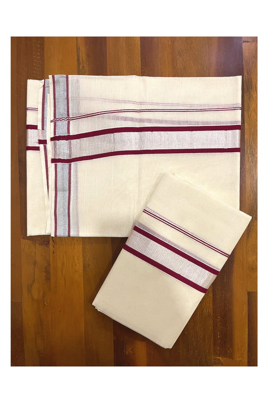 Cotton Set Mundu (Mundum Neriyathum) with Maroon and Silver Kasavu Border 2.80 Mtrs