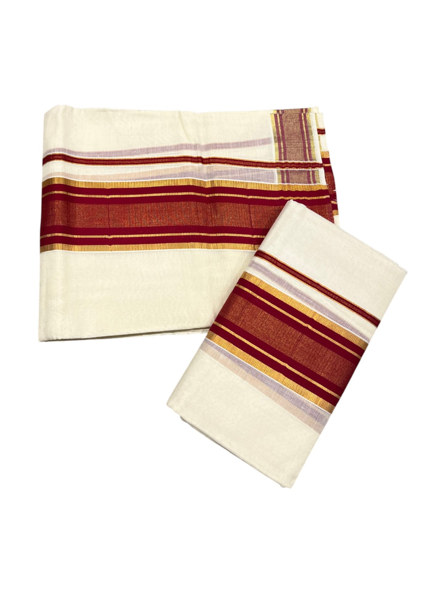 Southloom Kerala Cotton  Set Mundu (Mundum Neriyathum) with Kasavu and Maroon Border 2.80Mtrs