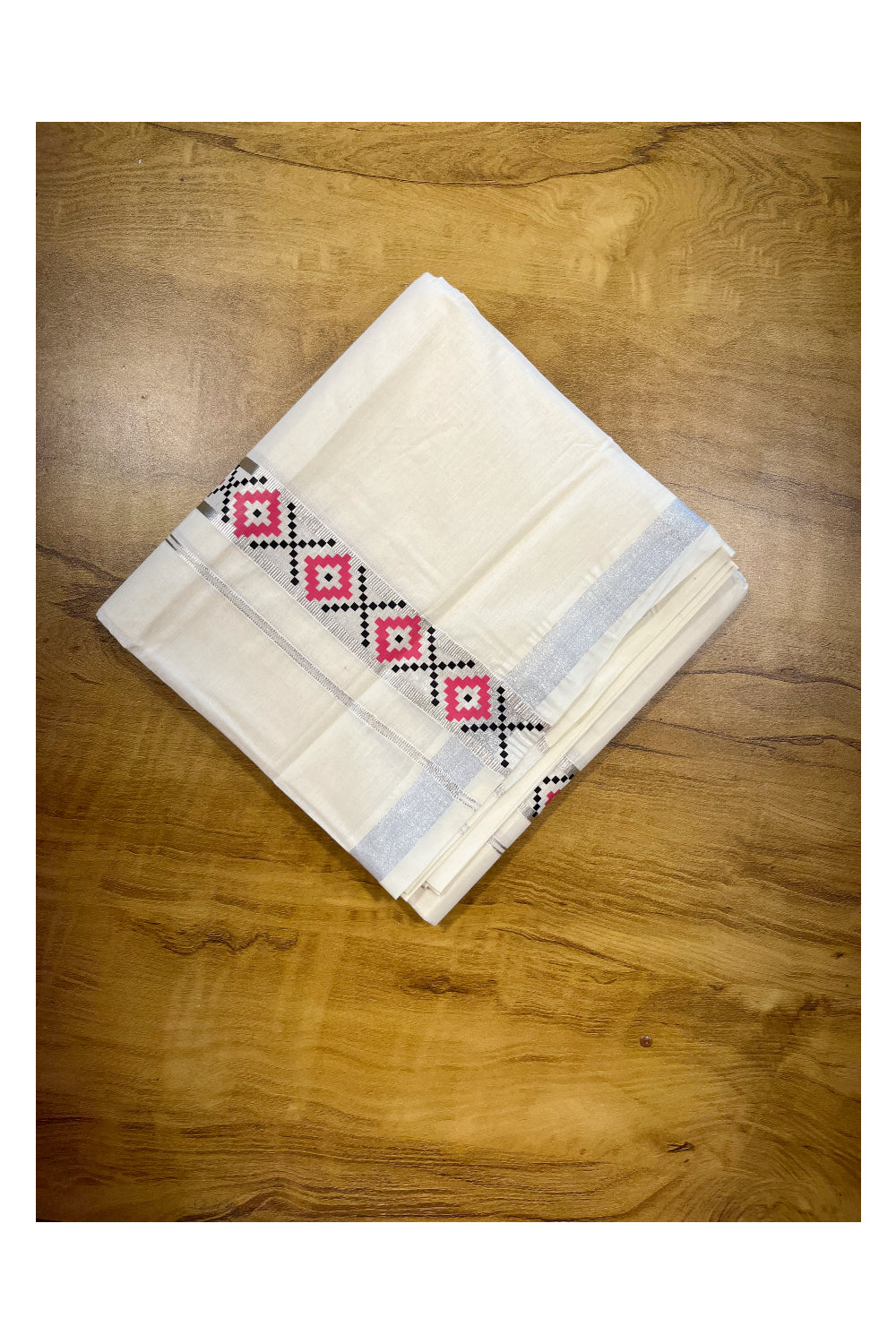 Southloom Pure Cotton Silver Kasavu Mundu with Trendy Print