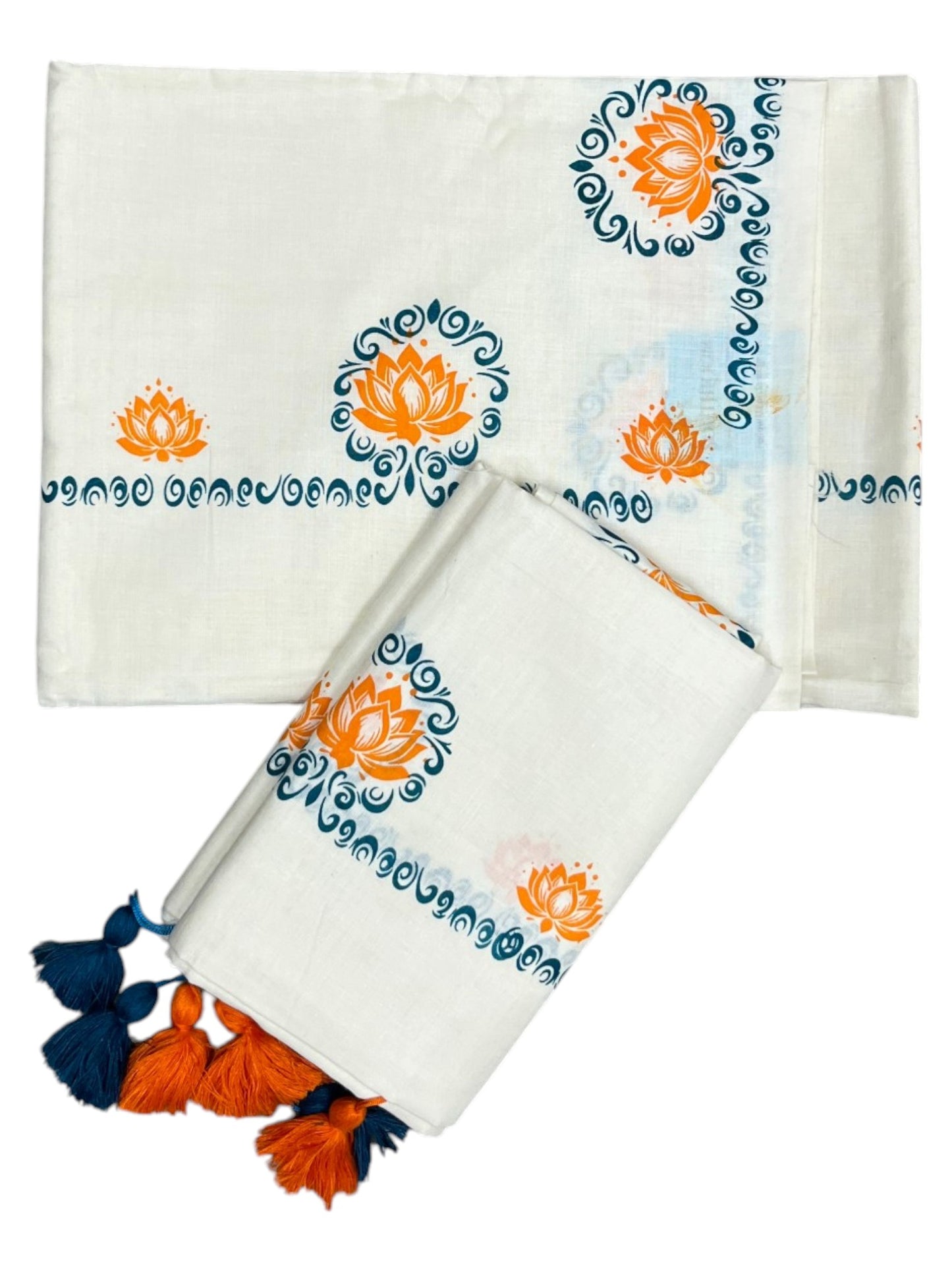 Southloom Kerala Cotton Single Set Mundu (Mundum Neriyathum) with Blue & Orange Lotus Block Printed Design