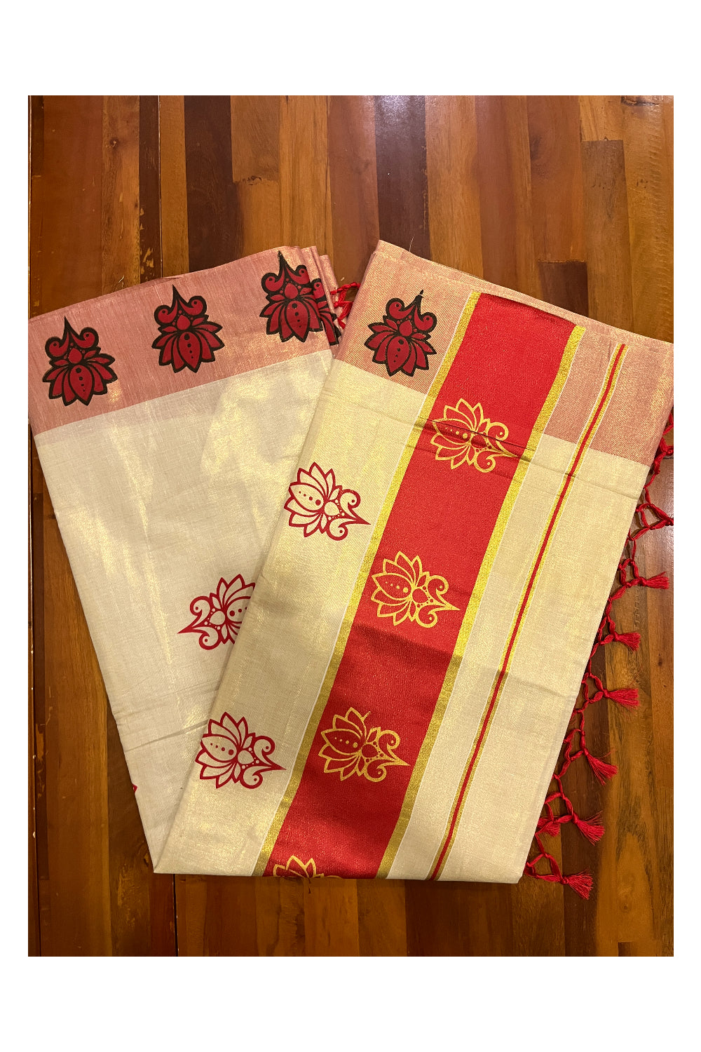 Kerala Tissue Kasavu Saree with Red and Golden Block Prints and Red Border