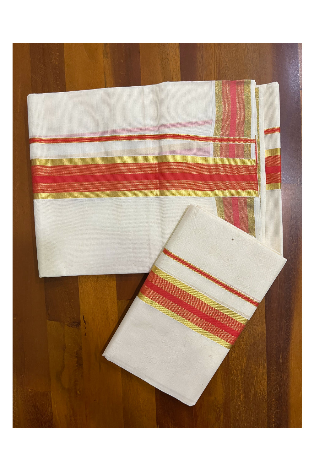 Kerala Cotton Set Mundu (Mundum Neriyathum) with Orange and Kasavu Border 2.80 Mtrs