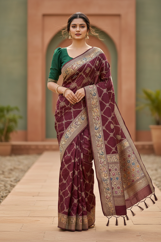 Southloom Banarasi Silk Saree with Woven Work on Body and Borders (Purple & Green)