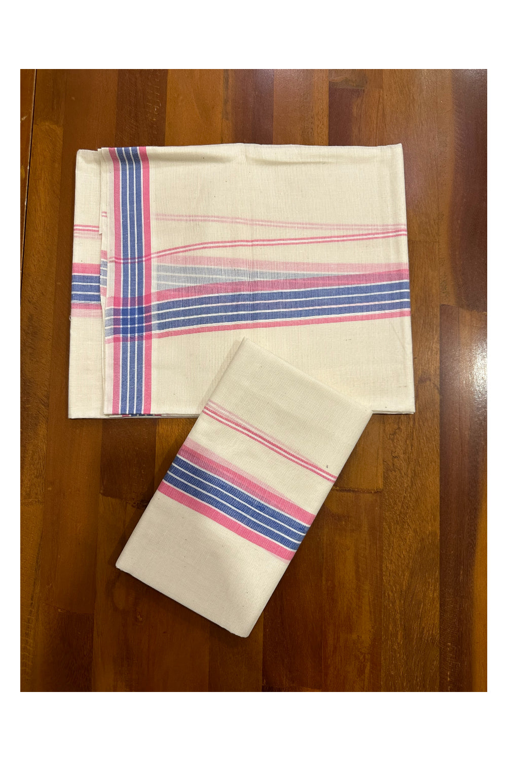 Kerala Mulloth Soft Cotton Mundum Neriyathum Single with Pink and Blue Border (Onam Set Mundu 2023)