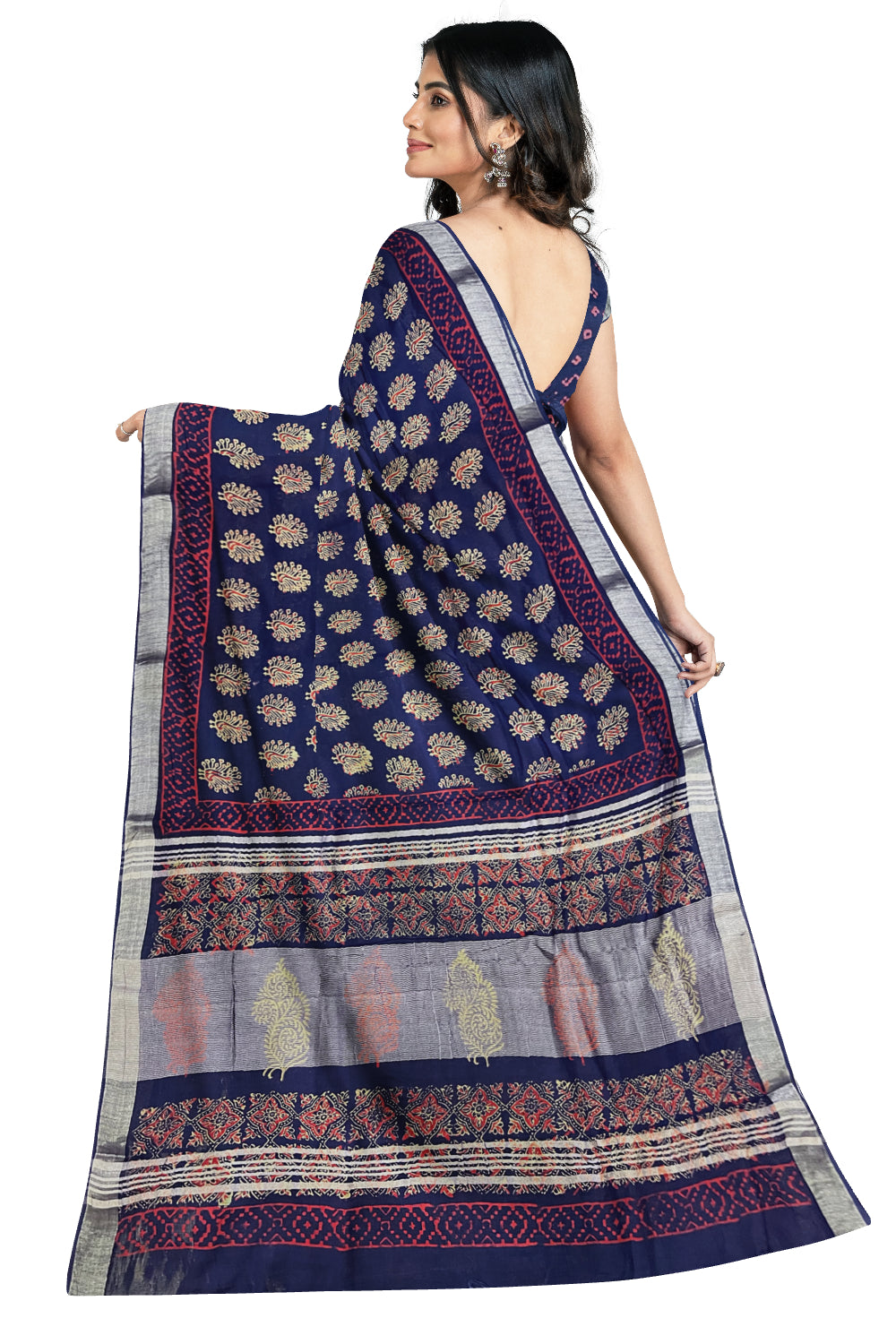 Southloom Linen Dark Blue Designer Saree with Peacock Prints and Tassels