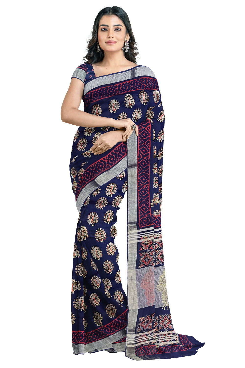 Southloom Linen Dark Blue Designer Saree with Peacock Prints and Tassels