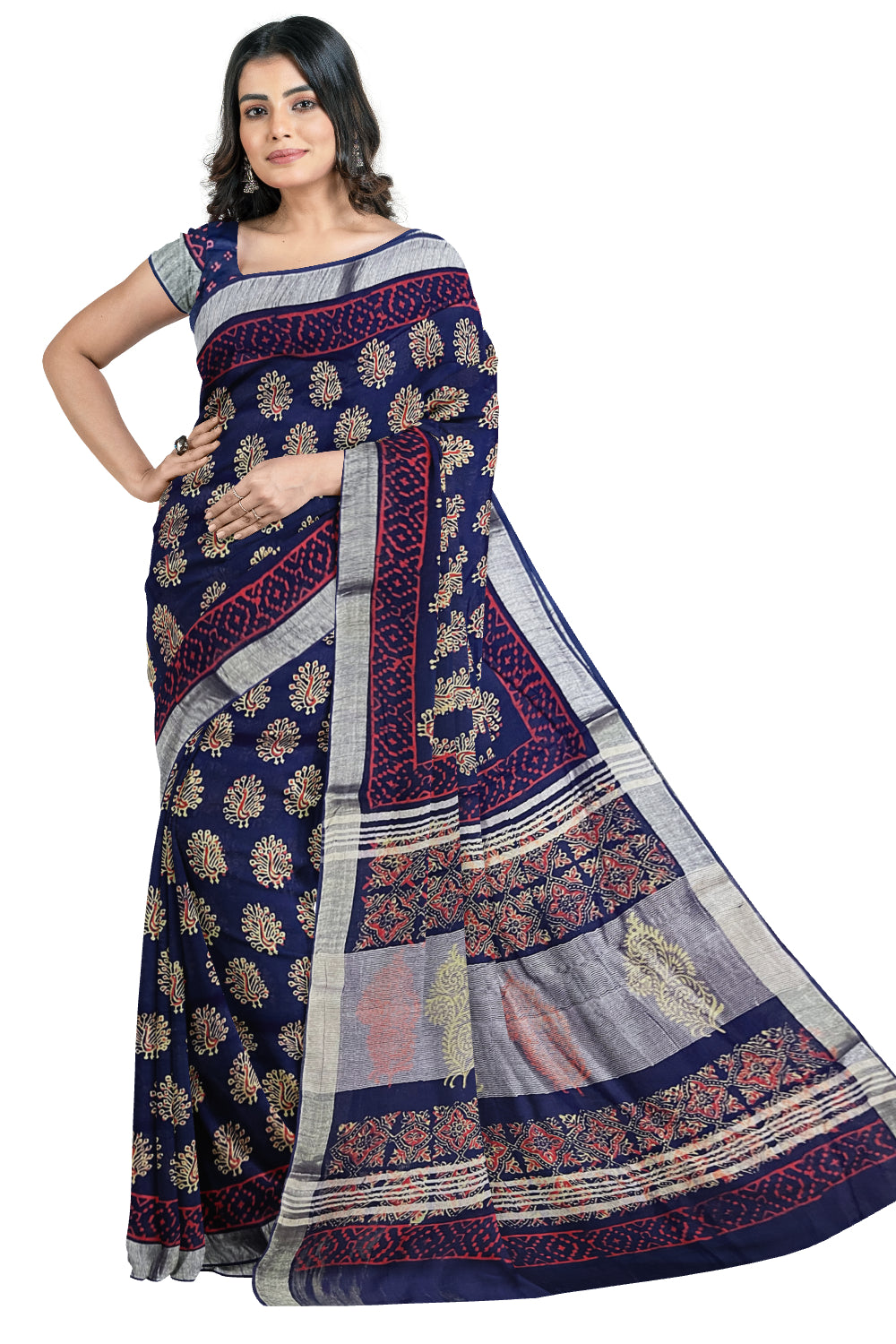 Southloom Linen Dark Blue Designer Saree with Peacock Prints and Tassels