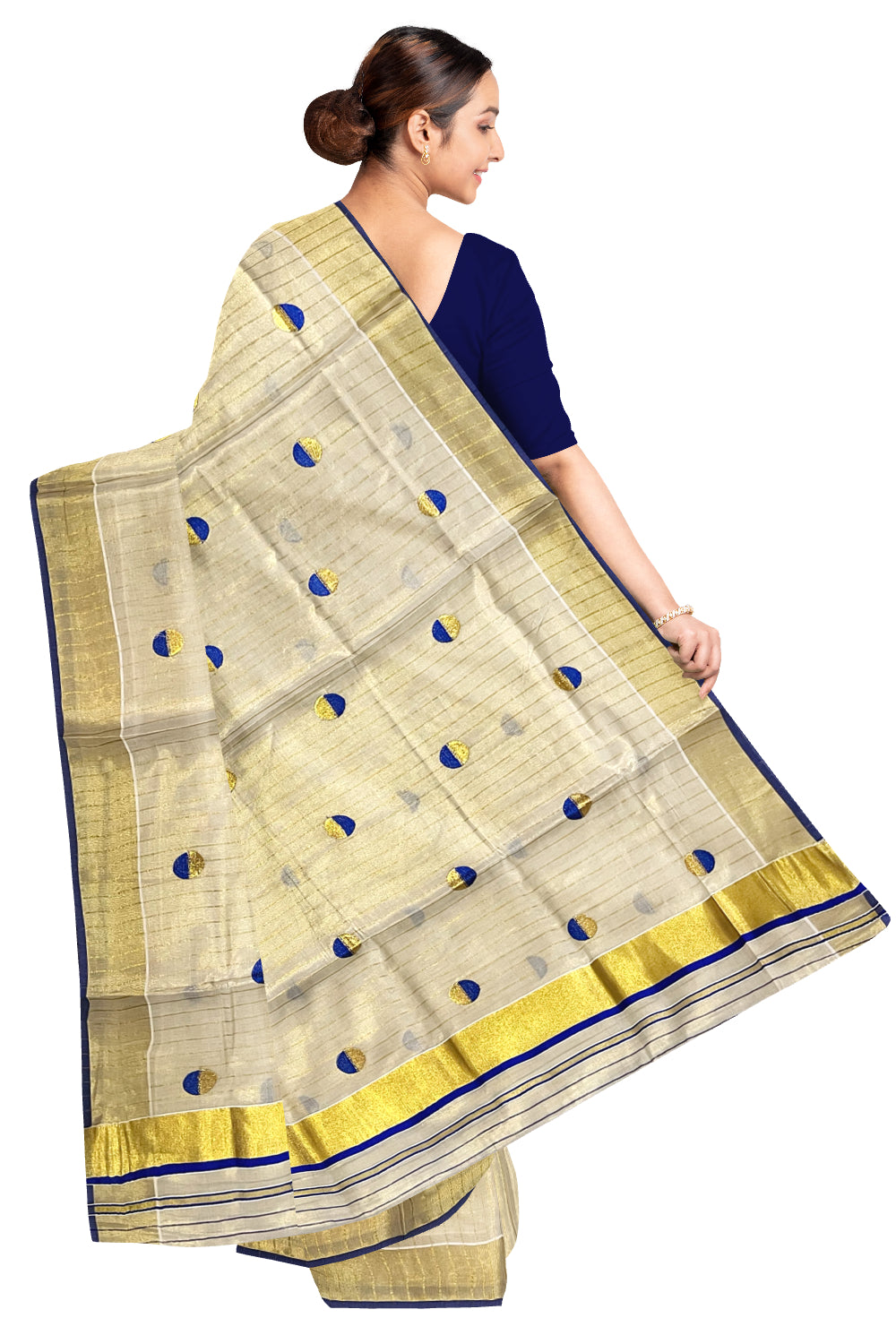 Kerala Tissue Kasavu Saree with Kasavu Lines Across Body and Blue Semi Polka Woven Designs