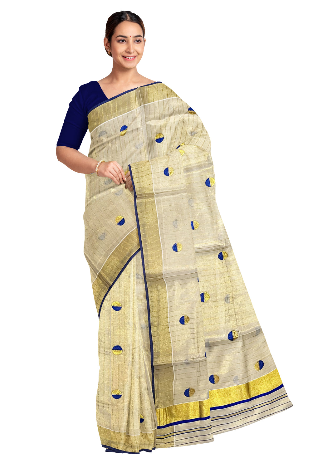 Kerala Tissue Kasavu Saree with Kasavu Lines Across Body and Blue Semi Polka Woven Designs