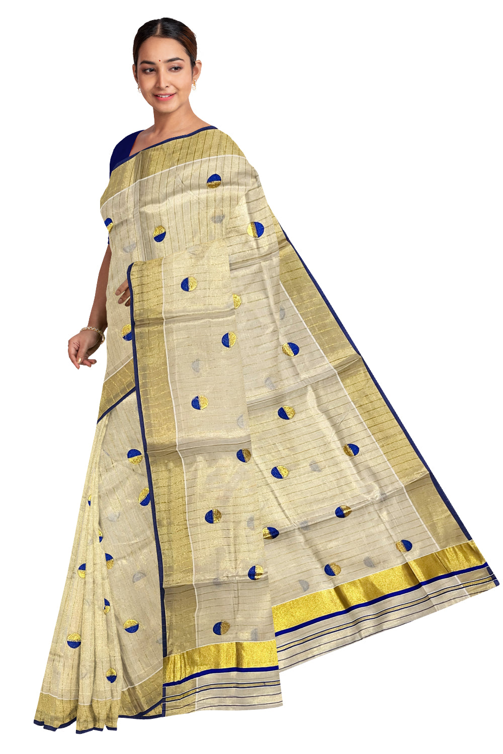 Kerala Tissue Kasavu Saree with Kasavu Lines Across Body and Blue Semi Polka Woven Designs