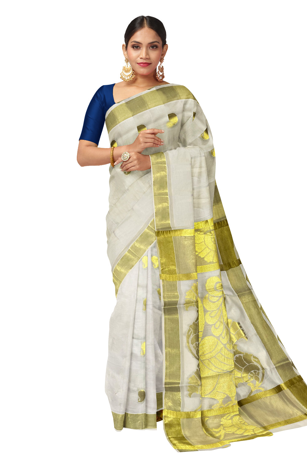 Kerala Cotton Heavy Peacock Woven Work Kasavu Saree