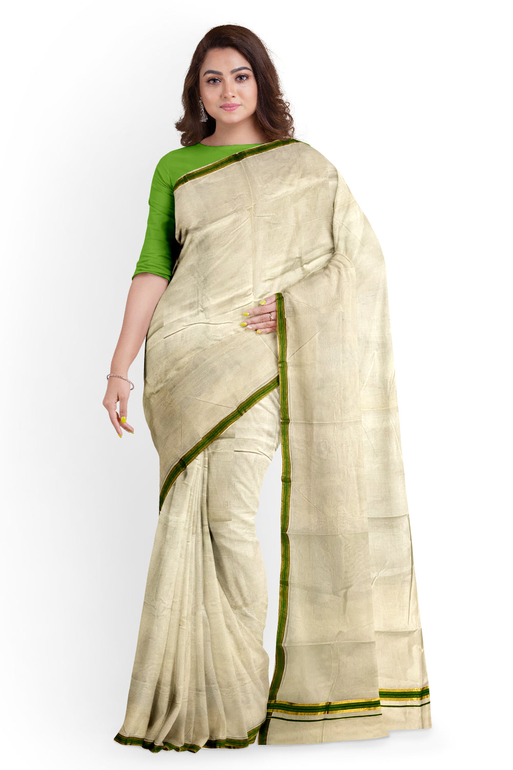 Kerala Pure Cotton Plain Saree with Kasavu and Light Green Border