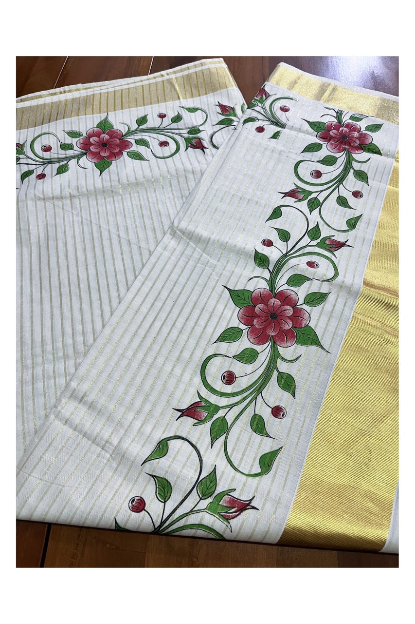 Pure Cotton Kerala Kasavu Lines Design and Red Floral Block Printed Saree