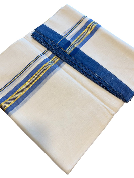 Southloom Premium Handloom Cotton Double Mundu with Gold and Blue Border