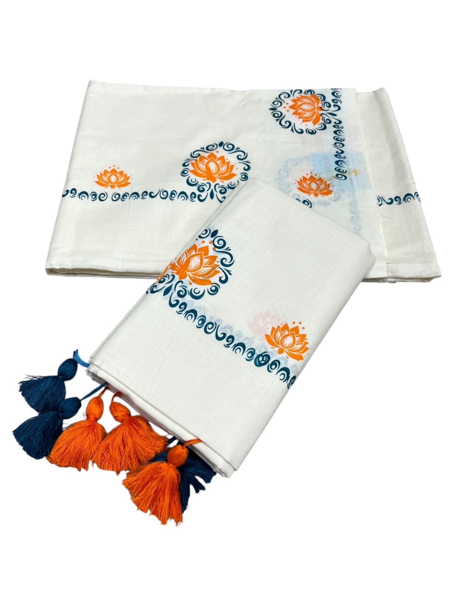 Southloom Kerala Cotton Single Set Mundu (Mundum Neriyathum) with Blue & Orange Lotus Block Printed Design