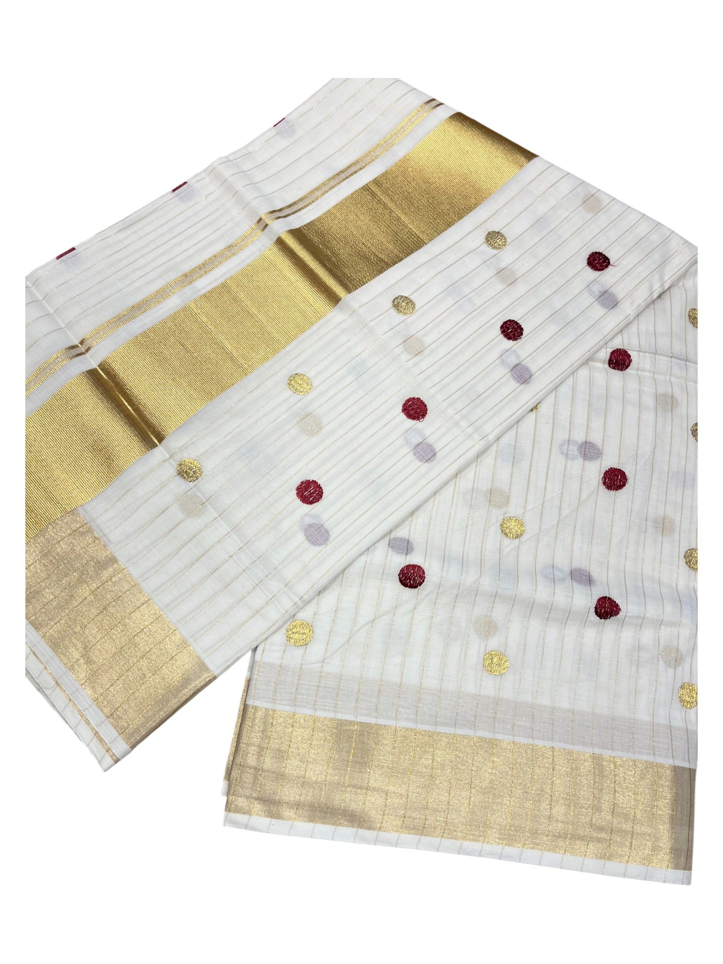 Southloom Kerala Pure Cotton Saree with Gold&Maroon Polka Embroidery Works on Body