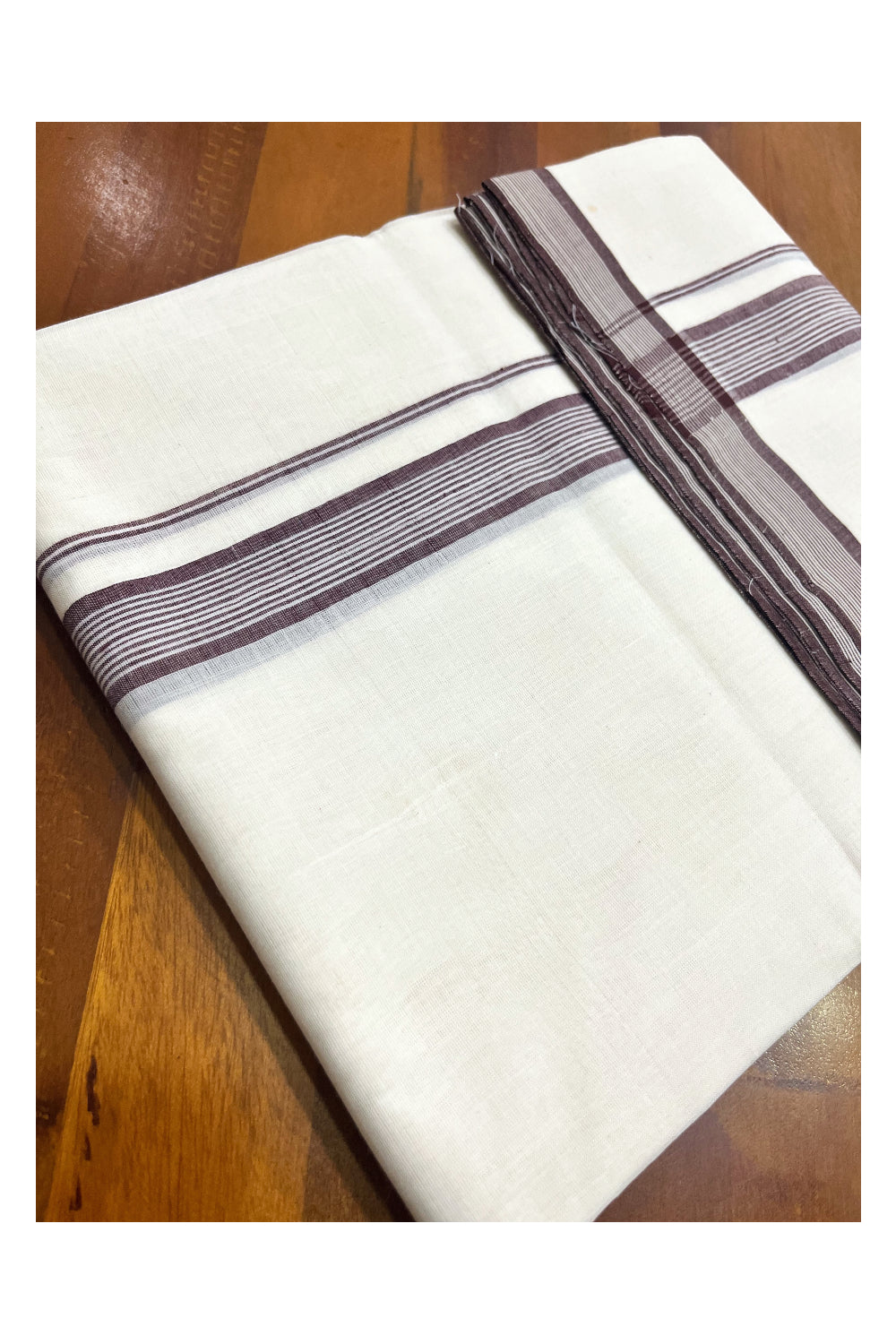 Premium Balaramapuram Handloom Unakkupaavu Cotton Double Mundu with Brown Line Border (Vishu 2024 Collection)