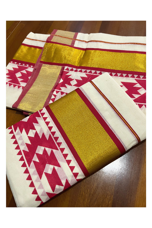 Pure Cotton Kerala Single Set Mundu (Mundum Neriyathum) with Red Block Printed Kasavu Border