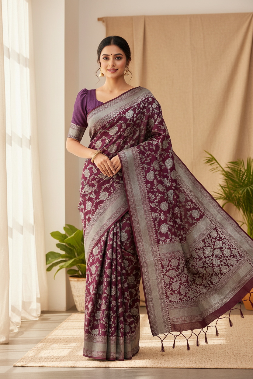 Southloom Pure Banarasi Silk Saree with Woven Work on Body and Borders (Purple & Magenta)