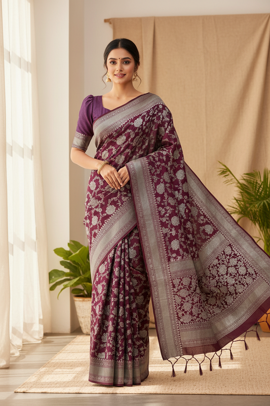 Southloom Pure Banarasi Silk Saree with Woven Work on Body and Borders (Purple & Magenta)