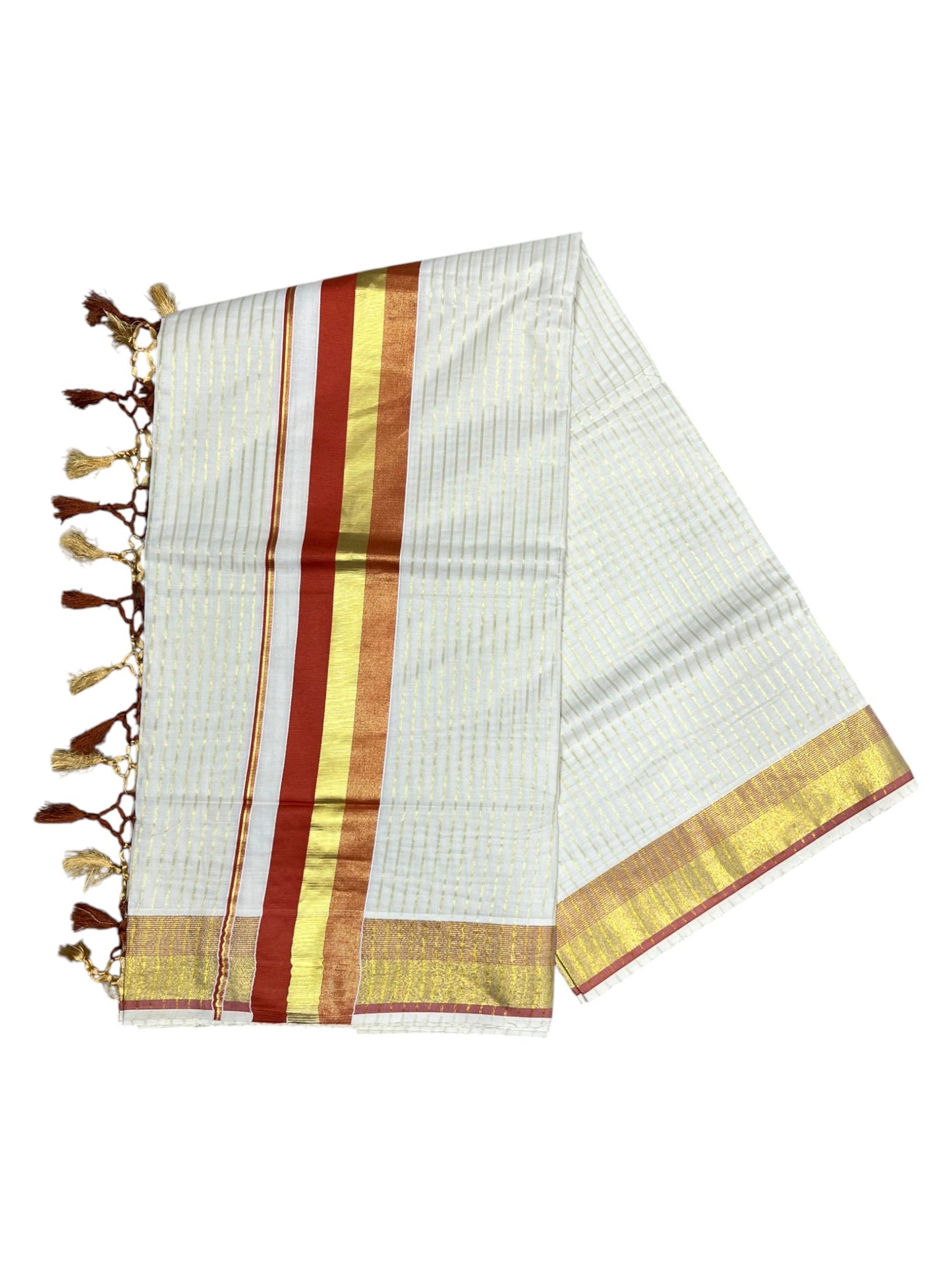 Southloom Pure Cotton Kerala Saree with Gold Kasavu Lines Across Body and Orange Border