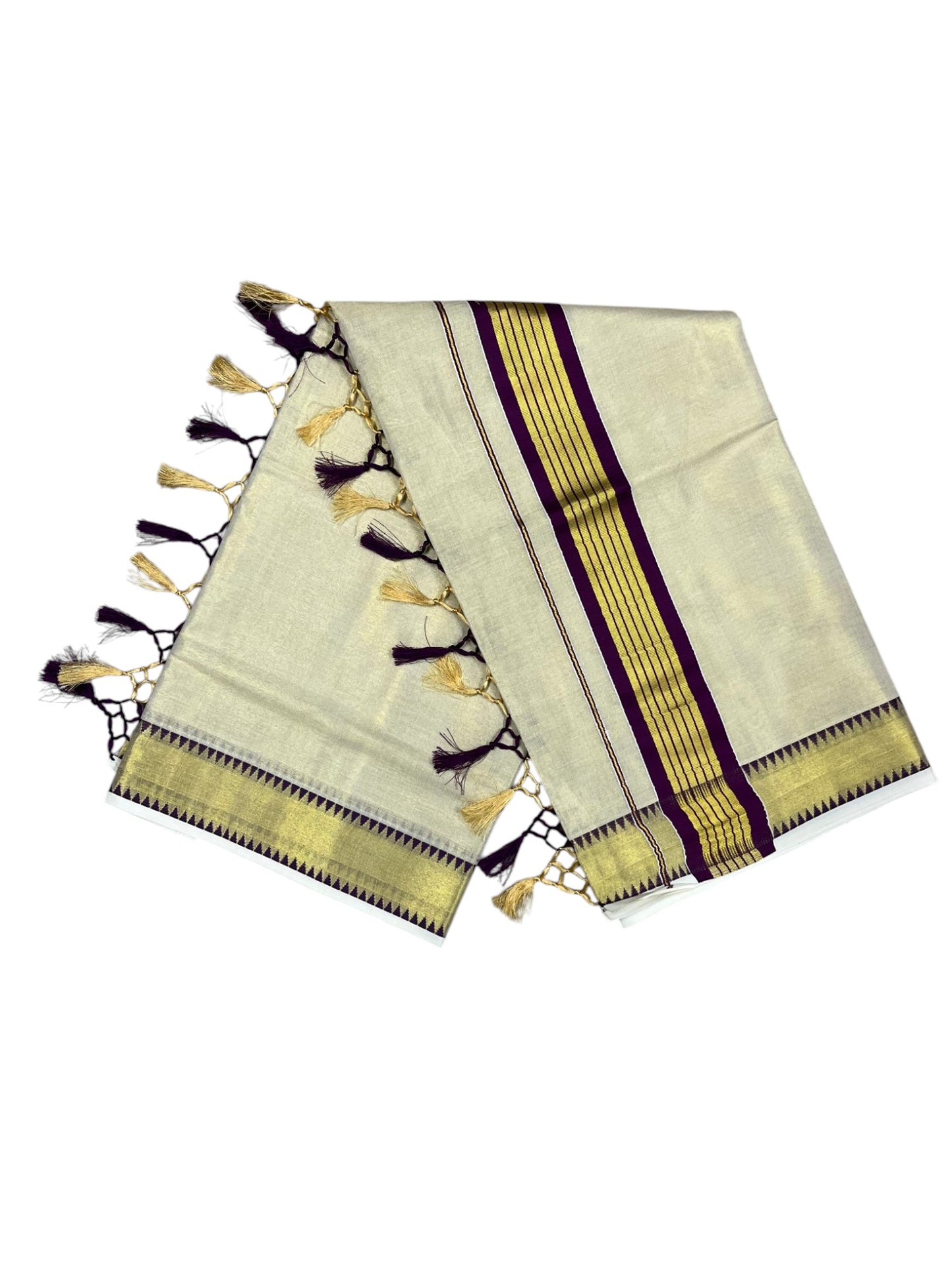 Southloom Kerala Tissue Kasavu Saree With Purple Temple Woven Works on Border SL365