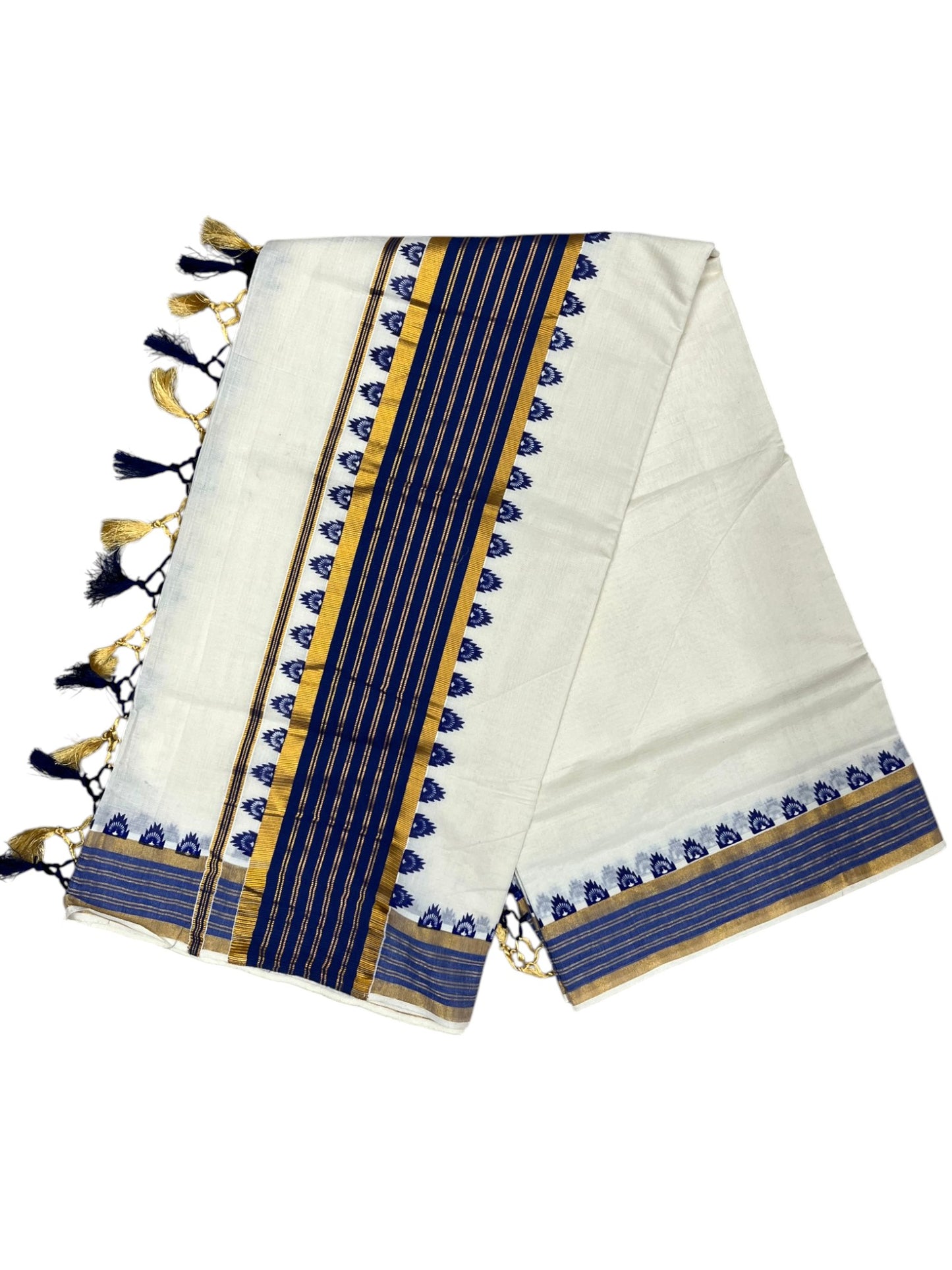 Southloom Cotton Kerala Kasavu Saree with Temple Design Border in Blue