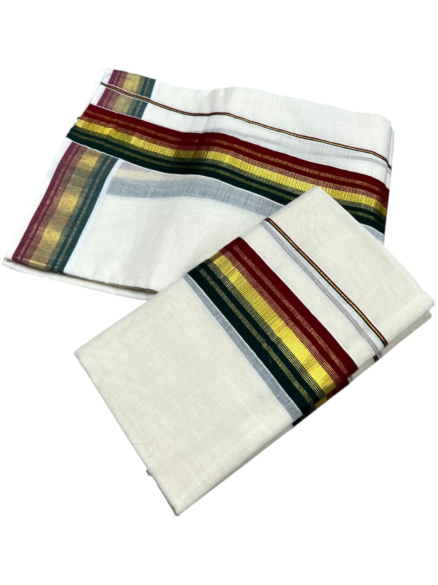 Southloom Kerala Cotton Kasavu Single Set Mundu (Mundum Neriyathum) with Maroon and Green Kasavu Border SLKK SL480