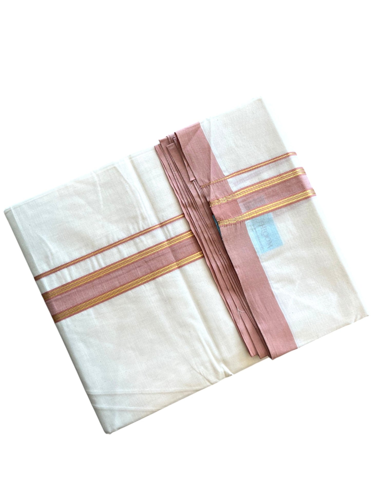 Southloom Pure Cotton Mundu with Golden Lines and Peach Border (South Indian Kerala Dhoti)