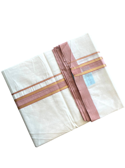 Southloom Pure Cotton Mundu with Golden Lines and Peach Border (South Indian Kerala Dhoti)