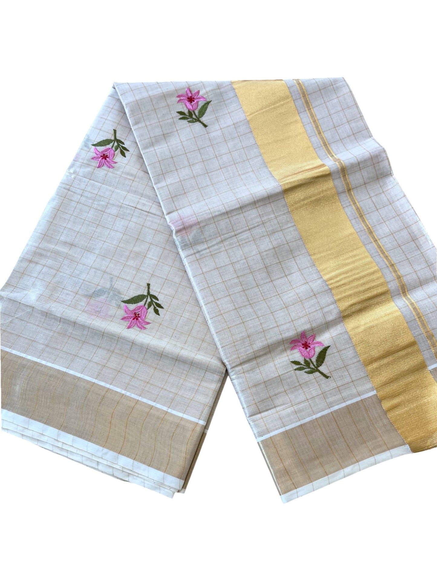 Southloom Kerala Tissue Kasavu Check Saree With Floral Embroidery Work