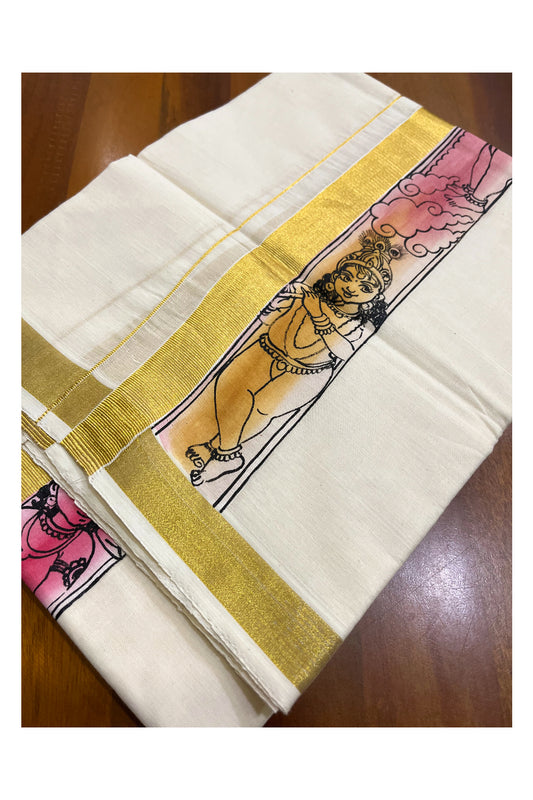 Kerala Pure Cotton Double Mundu with Mural Hand Painted Design on Kasavu Border (South Indian Kerala Dhoti)