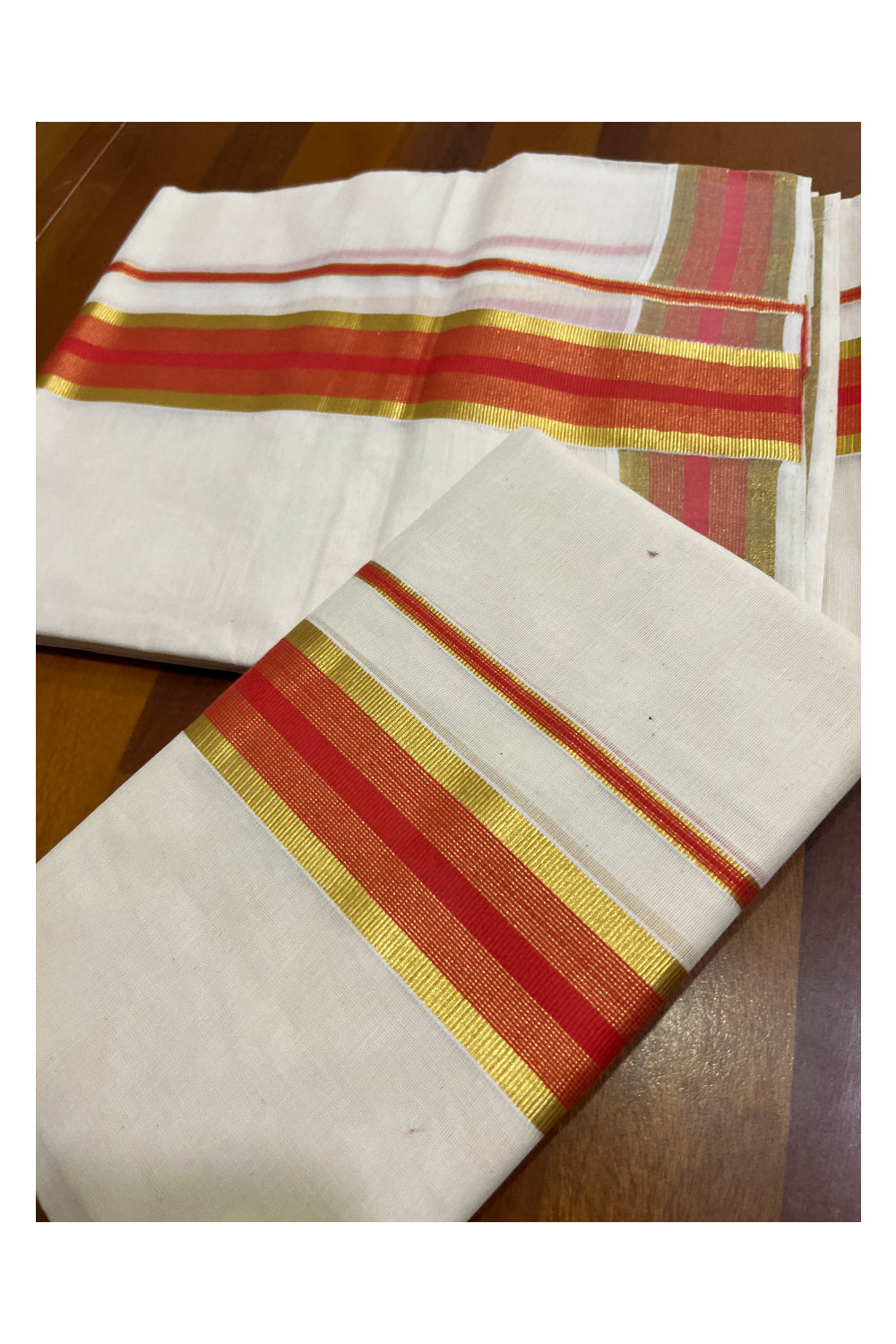 Kerala Cotton Set Mundu (Mundum Neriyathum) with Orange and Kasavu Border 2.80 Mtrs