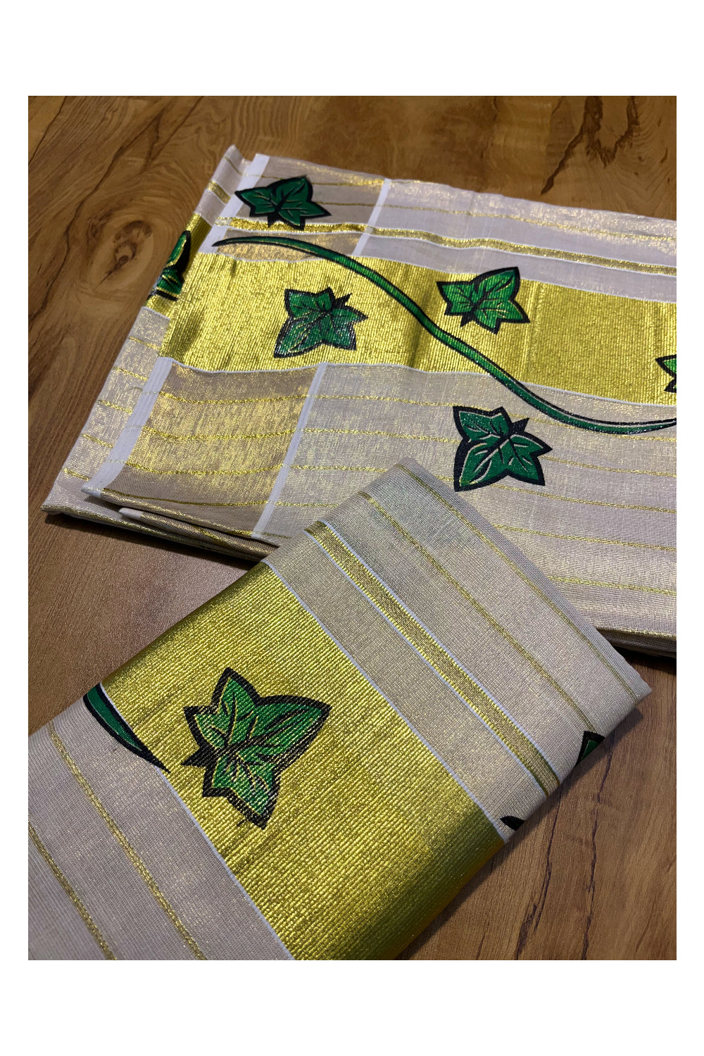 Kerala Tissue Single Set Mundu (Mundum Neriyathum) with Green Block Printed Design 2.80Mtr