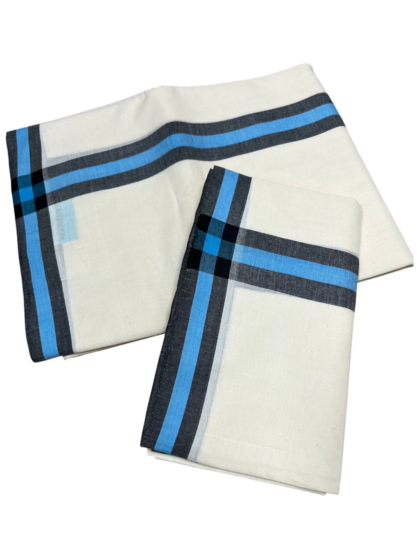 Southloom Pure Cotton Kerala Single Mulloth Set Mundu (Mundum Neriyathum) Black & Blue Border in 2.50 Mtrs SL243
