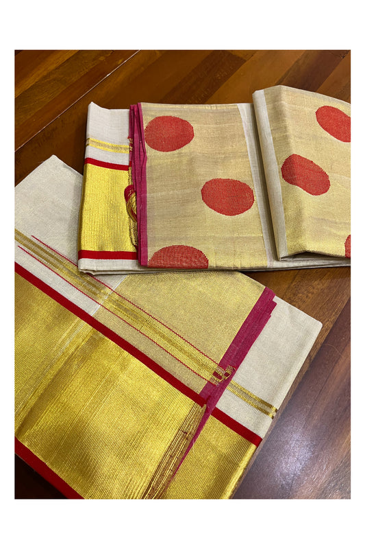Southloom Handloom Premium Tissue Kasavu Set Mundu With Red Polka Woven Patterns (Mundum Neriyathum) 2.70 Mtrs