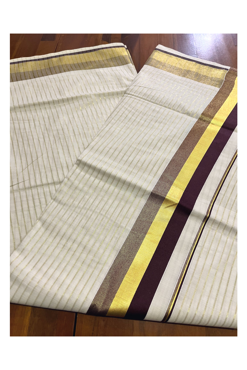 Pure Cotton Kerala Kasavu Lines Design Saree with Brown Border