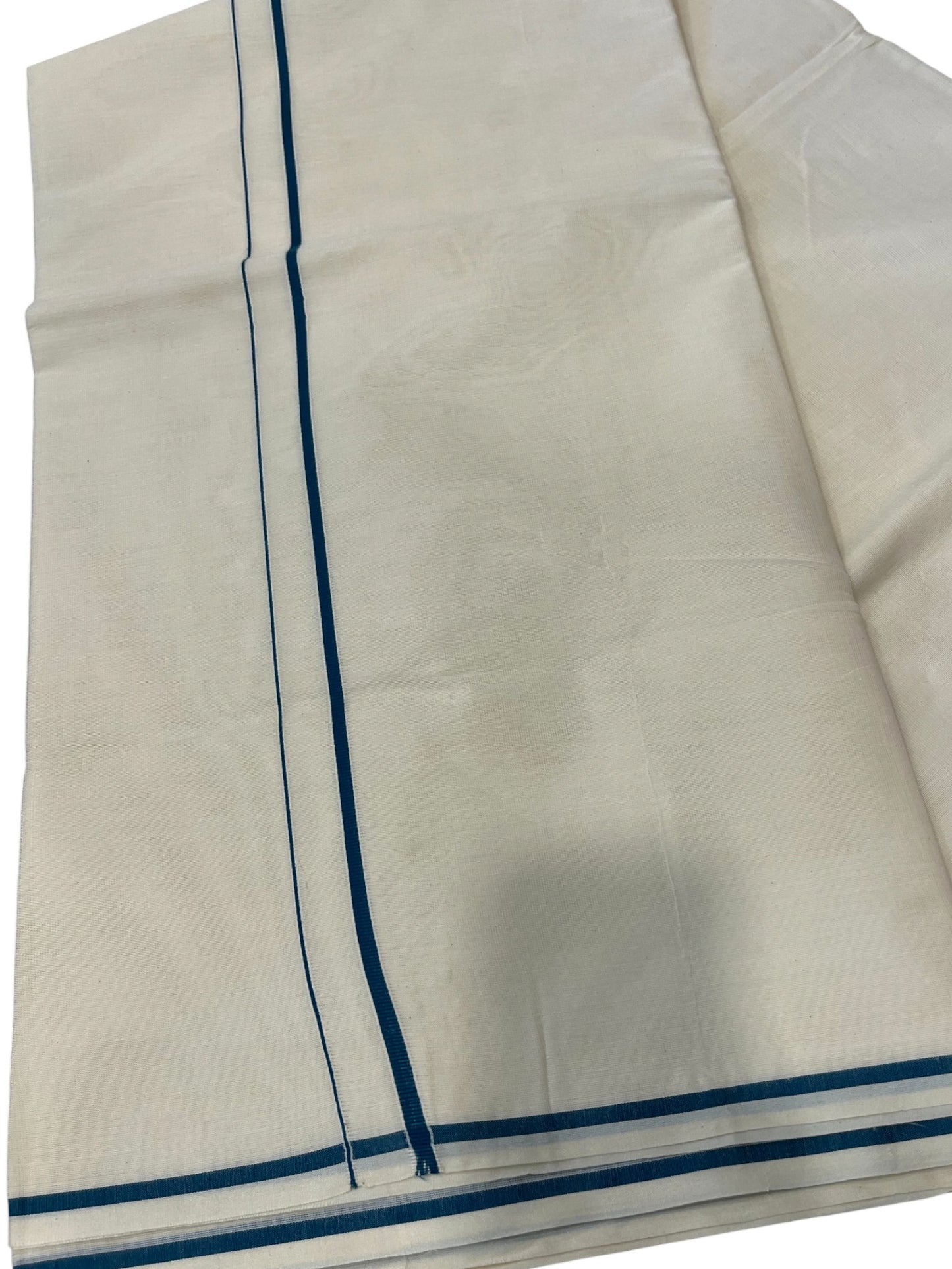 Southloom Kerala Cotton Plain Saree with Blue Puliyilakkara Border